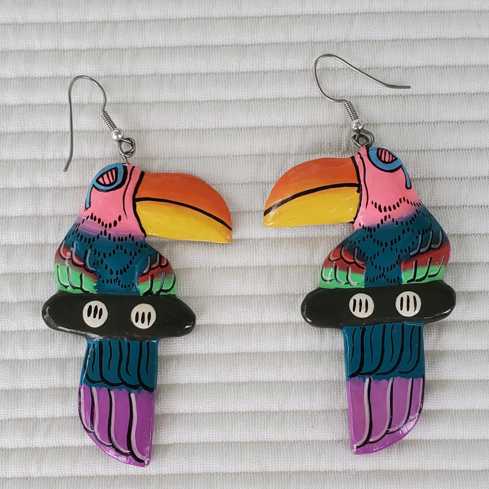 Toucan Parrot Earrings Pierced 2.5" 90s Bird Hook Bright Fashion Blue Yellow Red